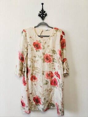 Elena Baldi 100% Silk Floral Dress Size S Ruffle Sleeve Rose Made In Italy